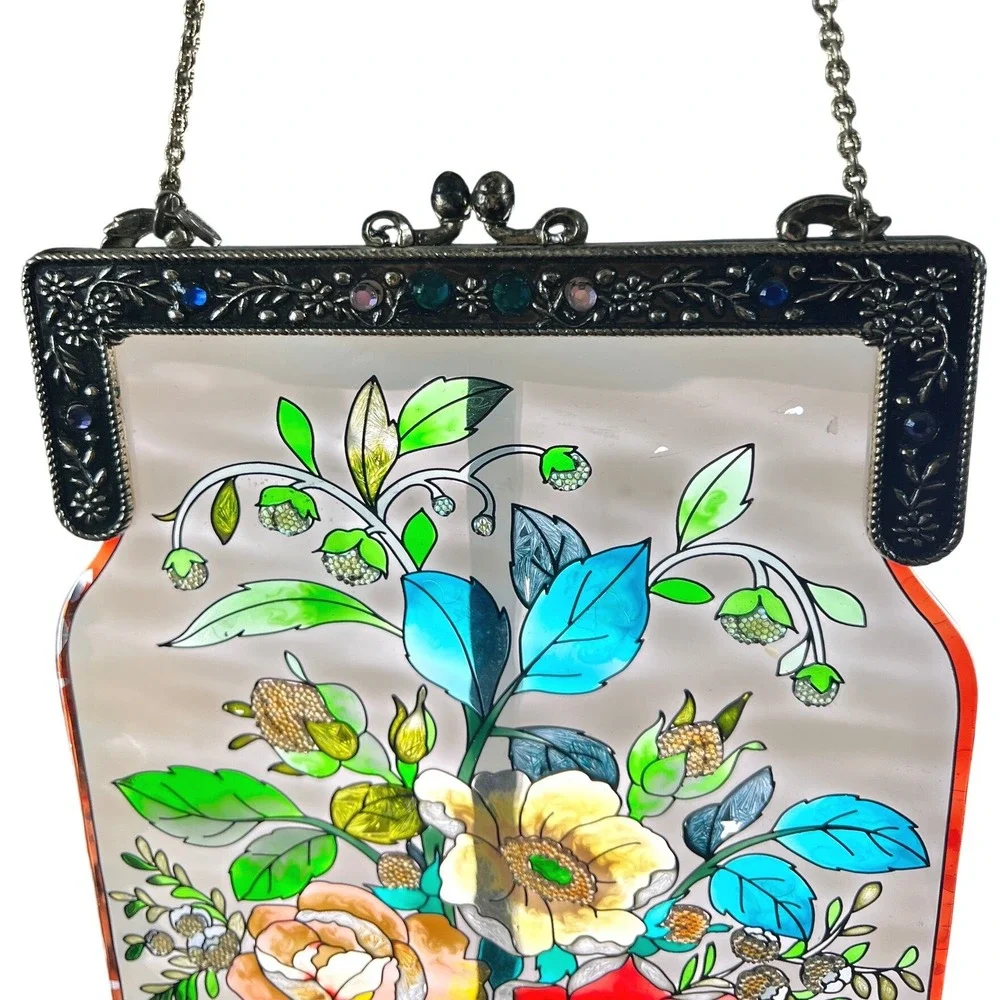 Amia Stained Glass Floral Evening Bag Small Multicolor Excellent Beaded Fringe